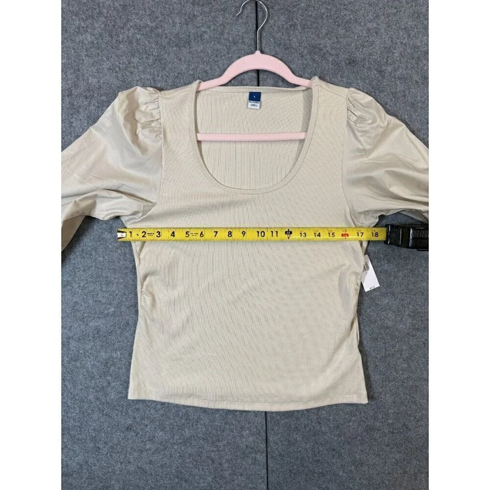 Old Navy Blouse Top Women's L Beige Cropped Knit Puff Sleeve Scoop Neck Pullover